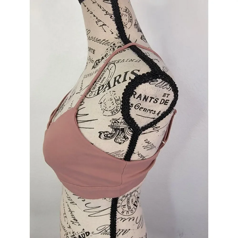 Alo Yoga Sport Bra Womens Small V Neck Cross Back Blush Pink Logo